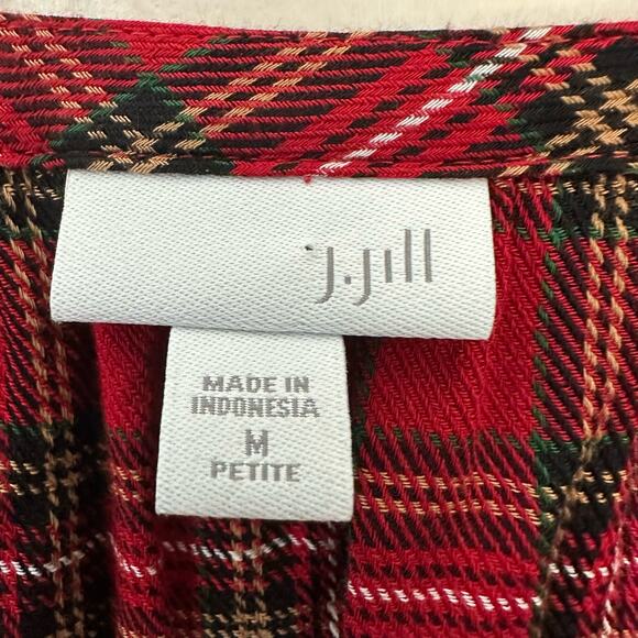 J.Jill Red Plaid Rayon Shirt Long Sleeve Tartan Button Front V Neck Womens M - Picture 2 of 6